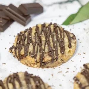 Photo d'un cookie au chocolat noir au cœur fondant au chocolat avec des morceaux de chocolat noir en premier arrière plan